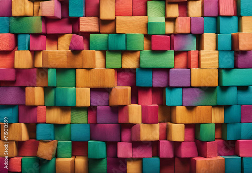 Vibrant Creativity: Colorful Wooden Blocks Aligned in a Captivating Wide Format Display