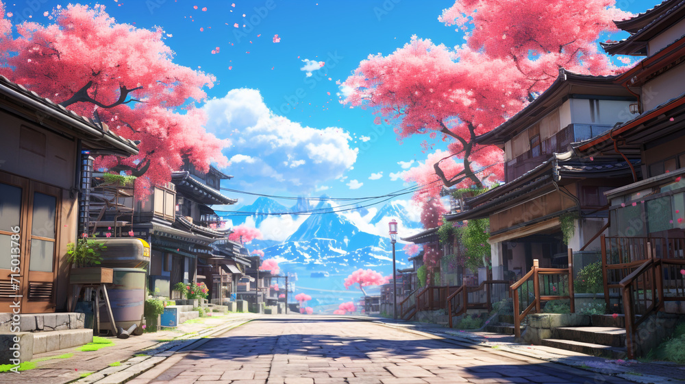 Japanese or fantasy eastern landscape. Spring summer autumn. Street of a small city. Panorama  background. Digital painting. Poster, invitation, flyer, banner, email, header. Generative Ai content