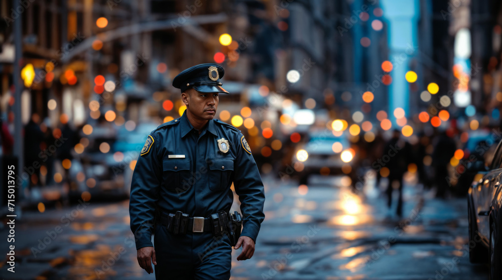 A police officer on patrol, walking through a bustling city street, in full uniform, symbolizing law enforcement's role in maintaining public safety