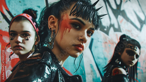 A young punk group boldly expresses rebellion through anarchic symbols, typography, and provocative images, reflecting a rebellious spirit and freedom of expression. photo