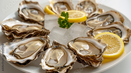 Fresh oysters with ice and lemon slices, top view on a textured background.