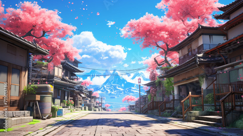 Japanese or fantasy eastern landscape. Spring summer autumn. Street of a small city. Panorama  background. Digital painting. Poster  invitation  flyer  banner  email  header. Generative Ai content