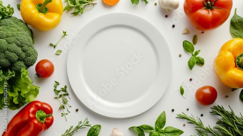 Empty white plate surrounded by fresh vegetables on white background.