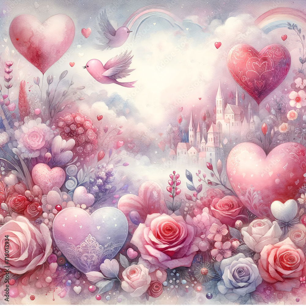 Enchanted Rose Garden with Hearts and Doves Illustration. Enchanted Rose Garden with Hearts and Doves Illustration.