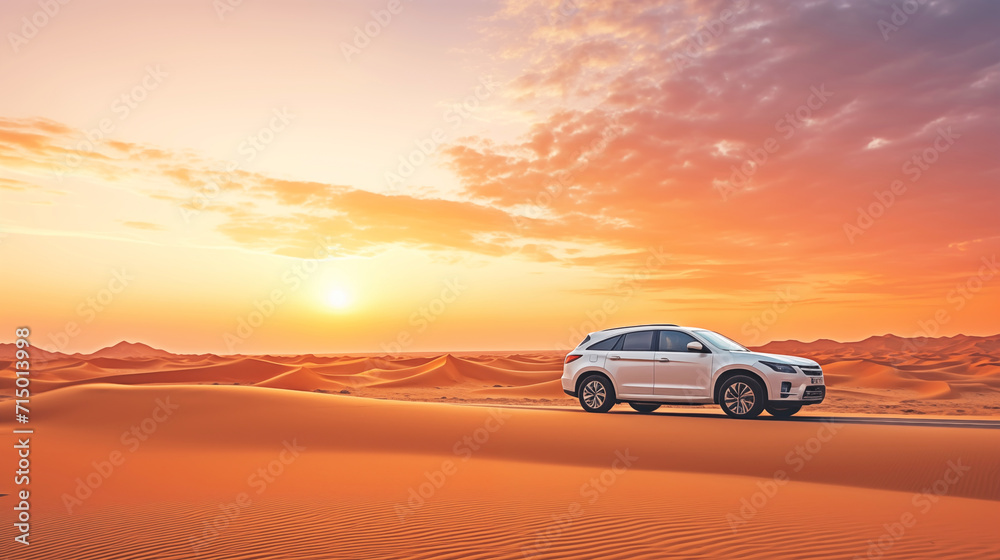 SUV Driving Through Desert Dunes kicking up sand on vast desert landscape at sunset