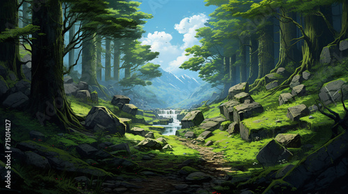 Japanese or fantasy eastern landscape. Spring summer autumn. Natural place. Forest river. Panorama background. Digital painting. Poster  invitation  flyer  banner  email  header. Generative Ai content