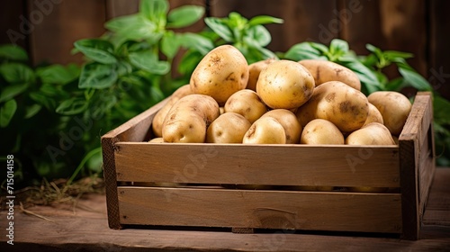 Potatoes in wooden box. Agriculture, gardening, growing vegetables. Harvesting organic potatoes © Ilmi