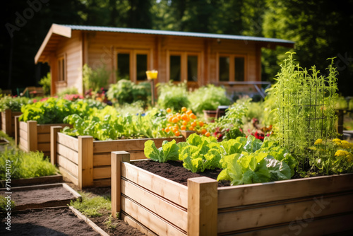 Raised garden beds filled with thriving vegetables in a sunny backyard © colnihko