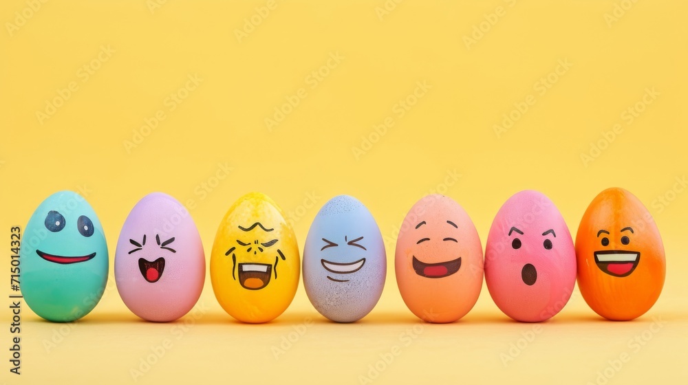Colorful eggs with drawn faces on a yellow background with a blue edge.