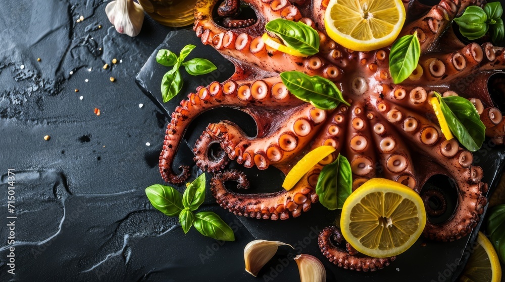 Grilled octopus with lemon slices and basil on a dark slate surface. Grilled octopus with lemon slices and basil on a dark slate surface.