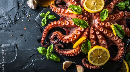 Grilled octopus with lemon slices and basil on a dark slate surface.