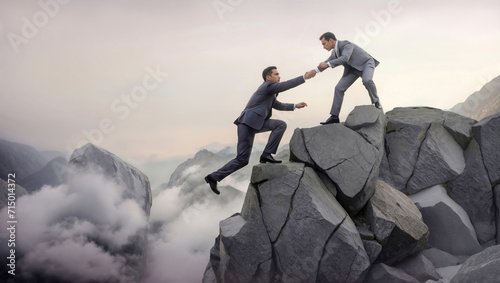 Businessman at top of mountain supports another man in suit by hand, concept of cooperation and help in business, with copy space