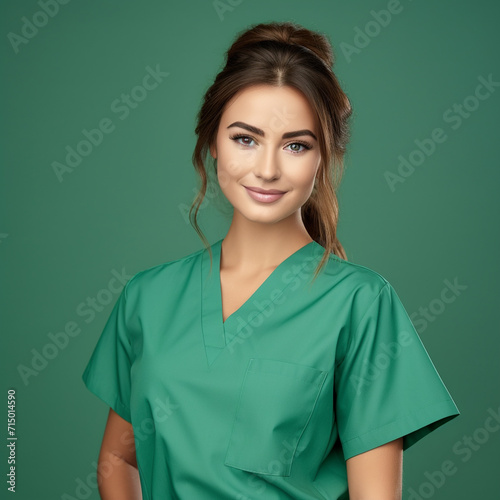 Attractive woman wearing medical scrubs on green background