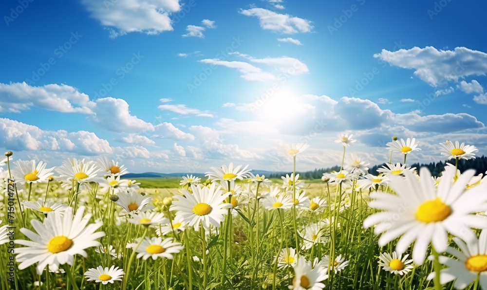 Natural colorful panoramic landscape with many wild daisy flowers against blue sky.