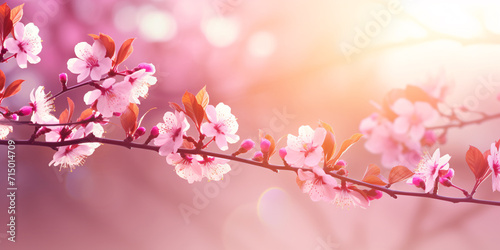 Pink spring flowers on bright Sunny day. Abstract blurred background. Springtime blooming