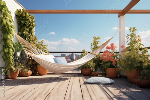 Outdoor roof terrace with hammock and potted plants overlooking the sky and sea photo