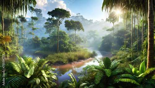 Tropical amazon rainforest morning landscape. Generative ai photo