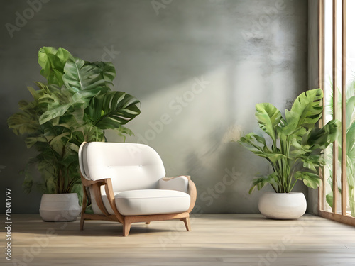 Empty glass room with tropical green plant wall background 3d render, There are wooden floor and concrete wall decorate with white fabric louge chair