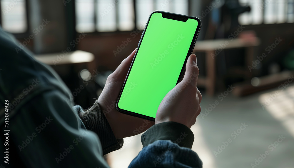 Young man using smartphone with green chroma key screen with home background, technology concept Young man using smartphone with green chroma key screen with home background, technology concept