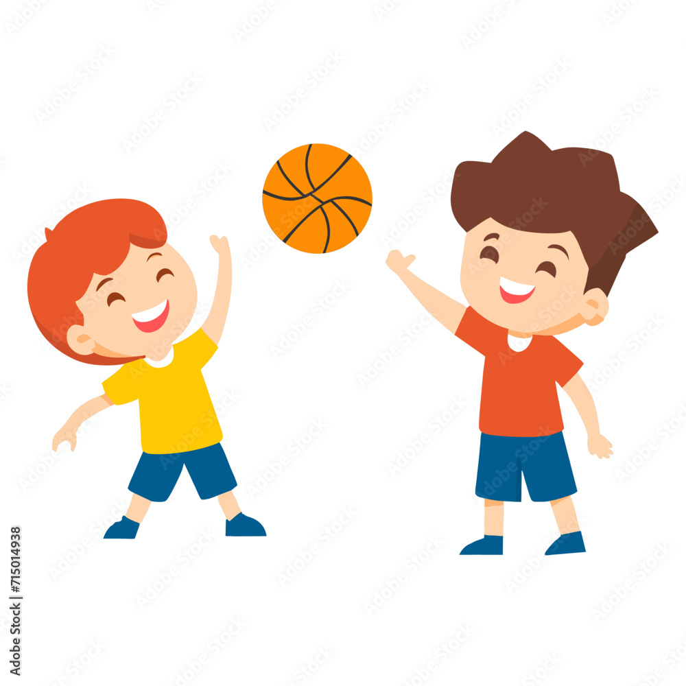Obraz premium Children playing basketball happily on white background. Flat vector
