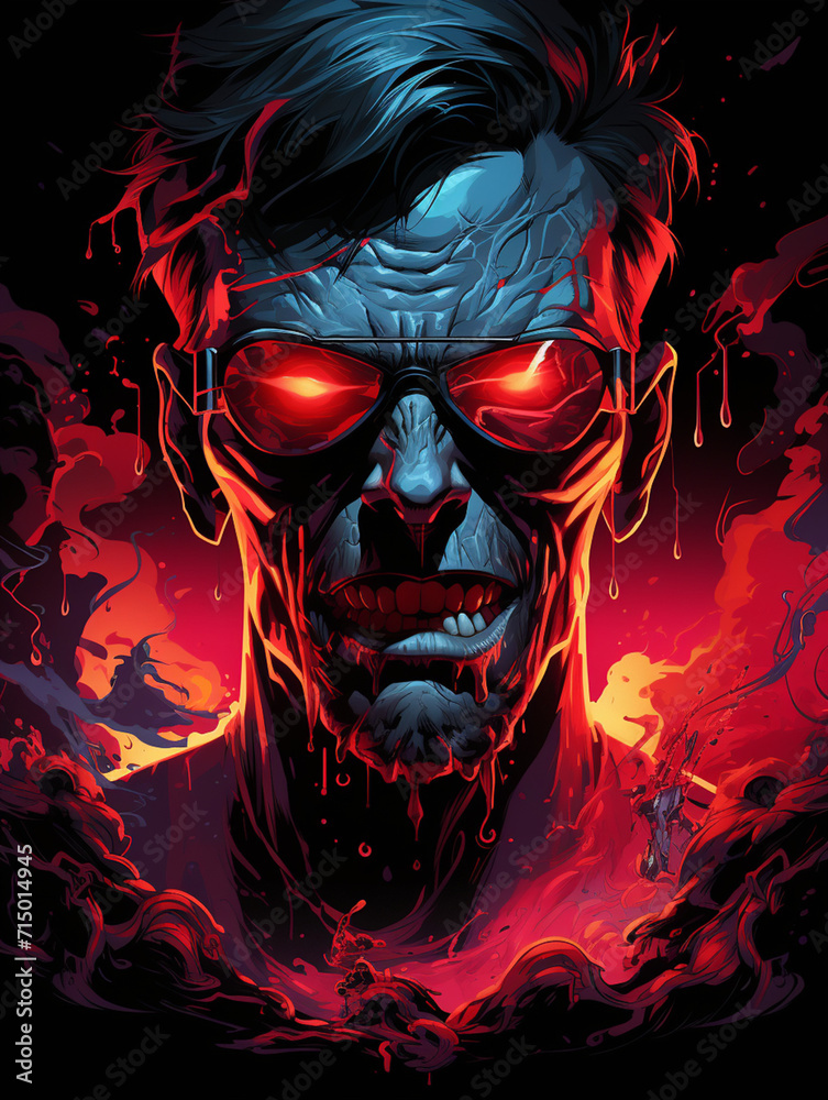 T-shirt design, neo-noir scene portrays a human-demon at the height of his fury, his eyes ablaze in glowing crimson created with Generative Ai T-shirt design, neo-noir scene portrays a human-demon at the height of his fury, his eyes ablaze in glowing crimson created with Generative Ai