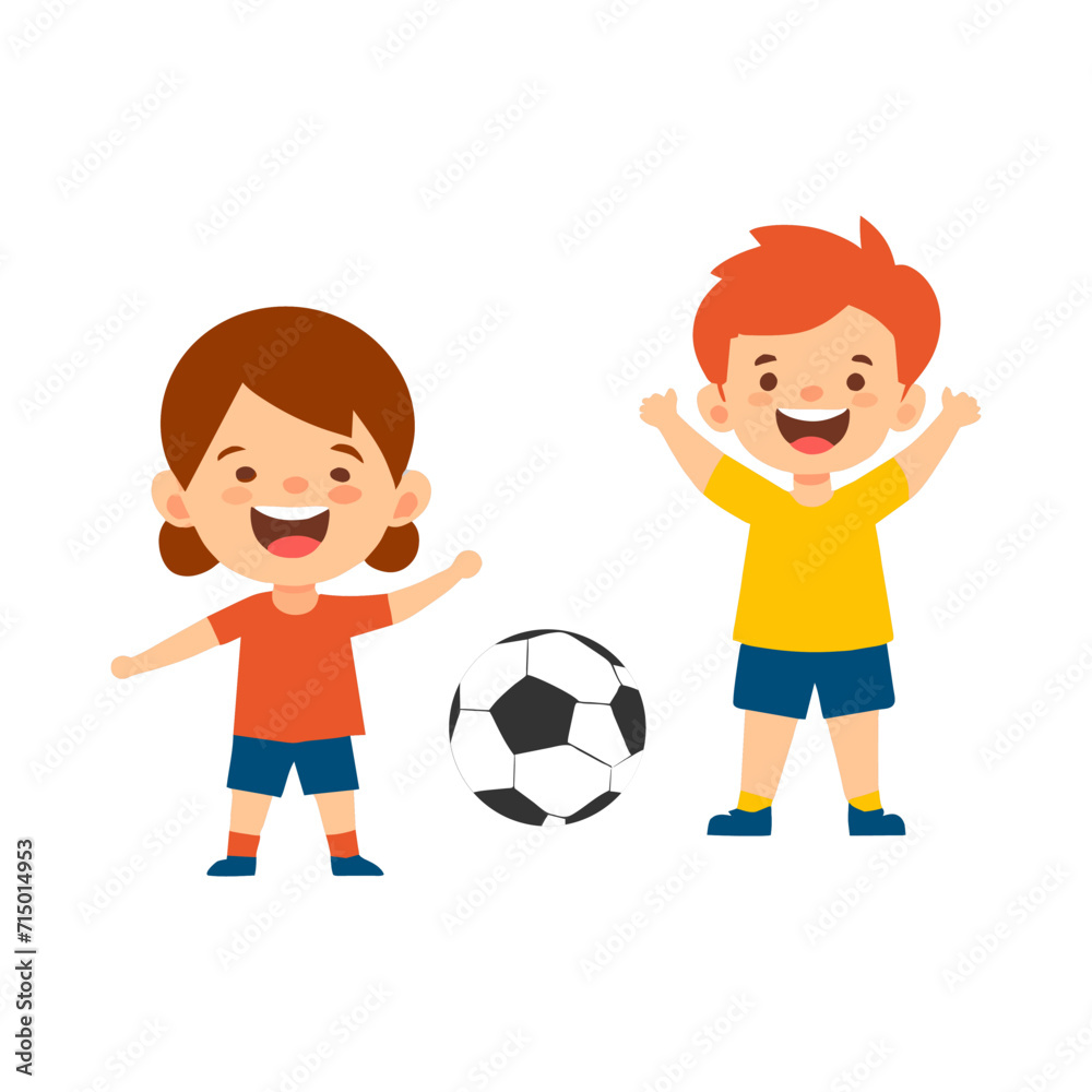 Children playing football happily on white background. Flat vector Children playing football happily on white background. Flat vector