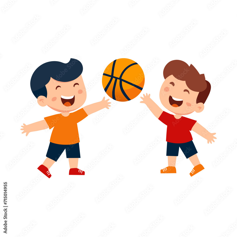 Children playing basketball happily on white background. Flat vector