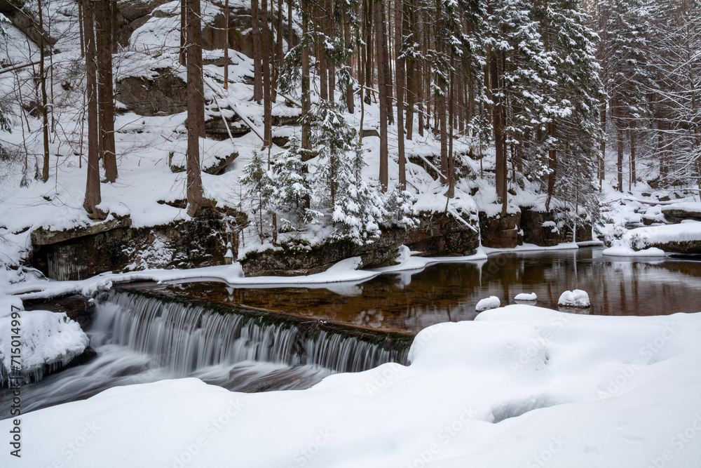 Obraz premium Mountain stream in winter, Lower Silesia, Poland.
