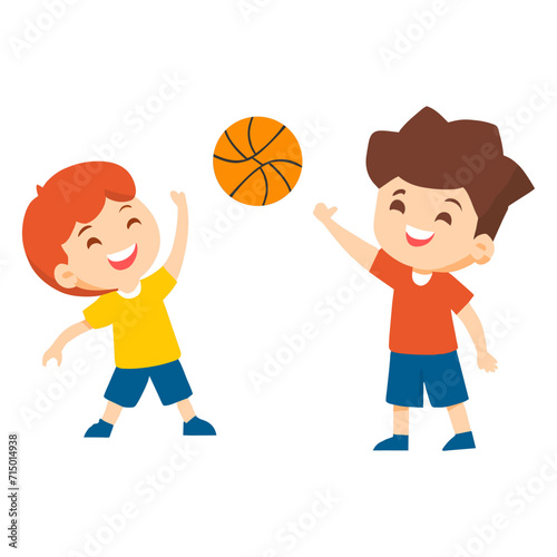 Children playing basketball happily on white background. Flat vector