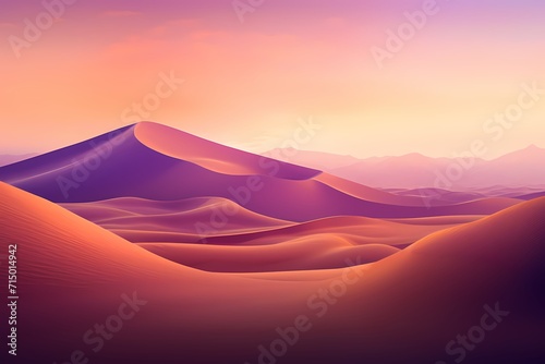 Surreal desert landscape with sand dunes under a gradient sky blending warm tones of amber and deep purple.