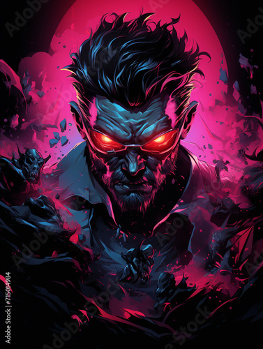 T-shirt design, neo-noir scene portrays a human-demon at the height of his fury, his eyes ablaze in glowing crimson created with Generative Ai