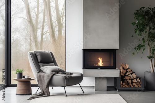 Cozy Modern interior featuring a sleek armchair and burning fireplace with forest View © colnihko