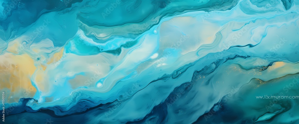 Swirling patterns of vibrant blues, greens, and yellows come together in harmony on a close-up view of a marble texture.