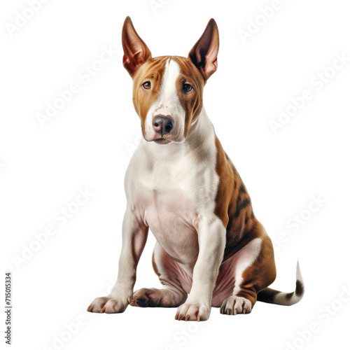 A cute bull terrier with brown and white fur sitting  isolated
