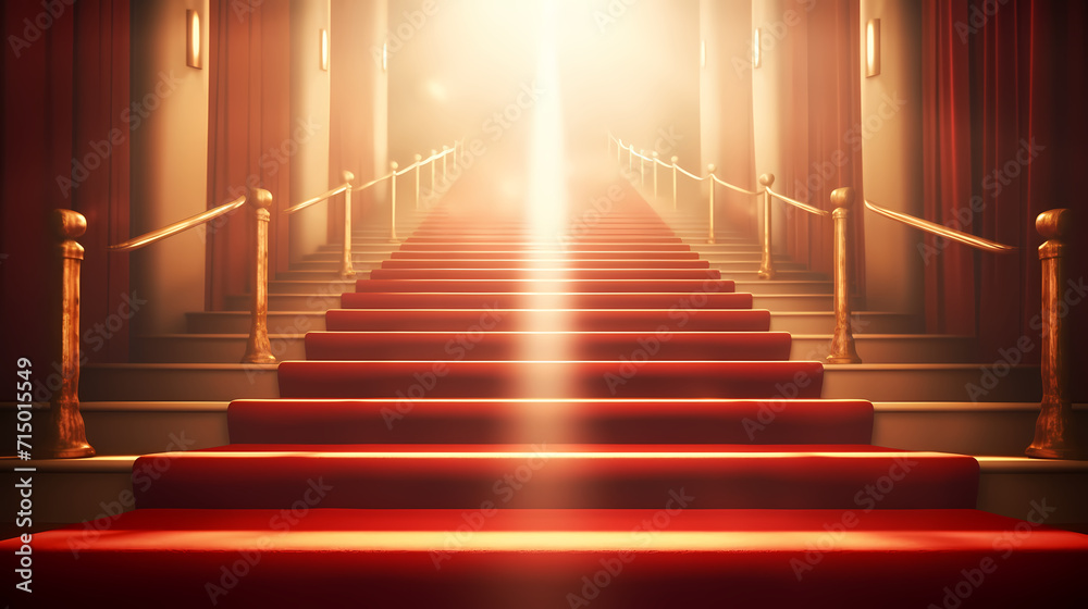 Red carpet on the stairs on dark background, the way to glory, victory and success Red carpet on the stairs on dark background, the way to glory, victory and success