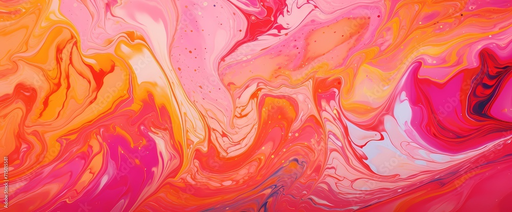 Swirling patterns of vibrant pinks, oranges, and yellows create an enchanting kaleidoscope effect on a close-up view of marble.