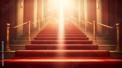 Red carpet on the stairs on dark background  the way to glory  victory and success