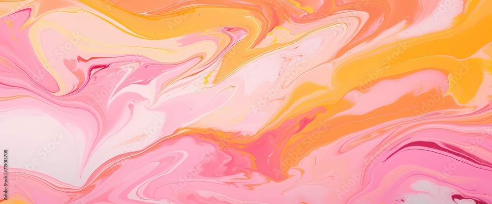 Swirling patterns of vibrant yellows, pinks, and oranges create a kaleidoscope effect on a close-up shot of marble.