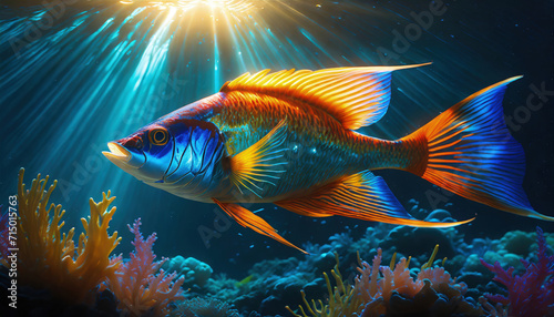 Beautiful fish swims in a vibrant underwater ocean. Generative ai