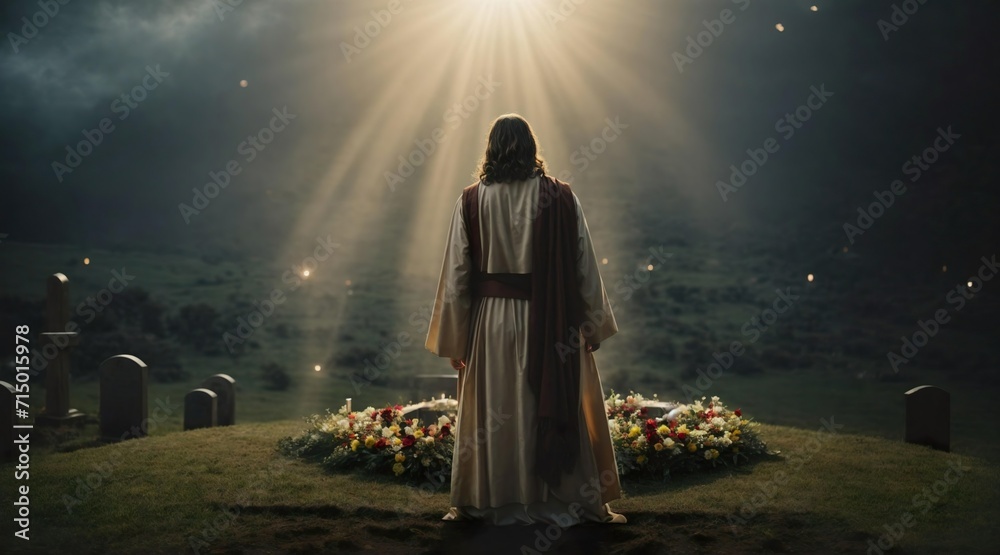 Symbolic picture of the resurrected Jesus Christ on a graveyard with a glowing light in the sky. Generative AI. Symbolic picture of the resurrected Jesus Christ on a graveyard with a glowing light in the sky. Generative AI.