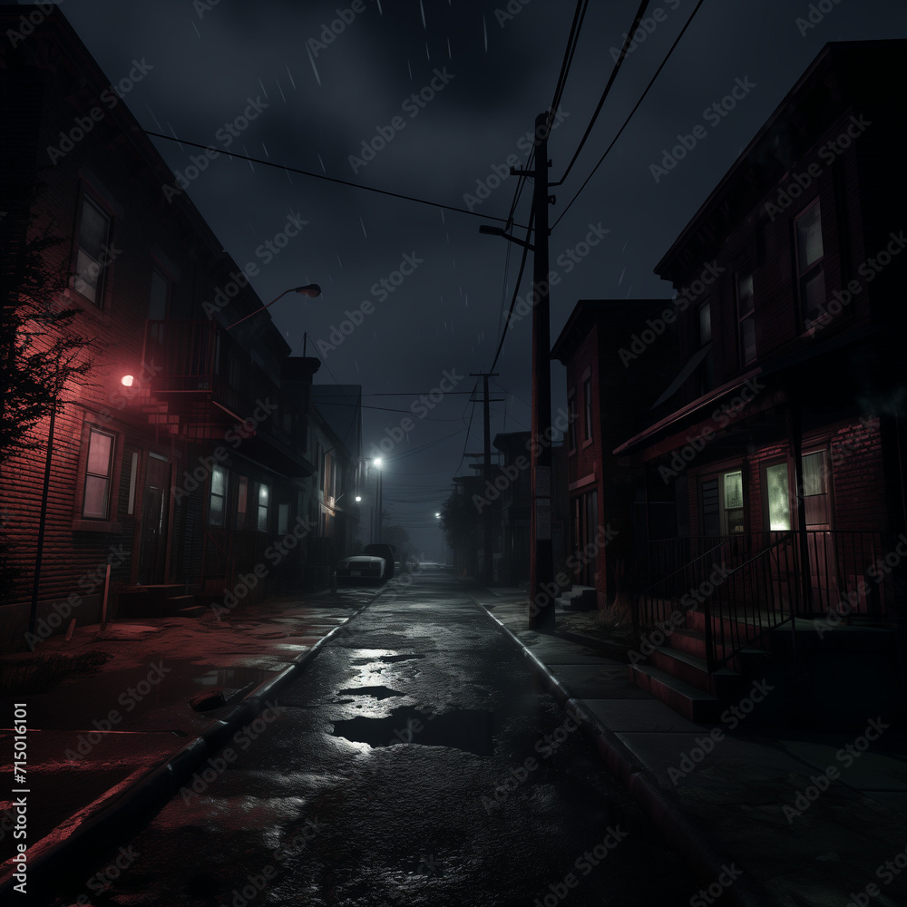 Dark neightborhood, scary ghetto in the middle of the night. Houses with lights, dark concrete. Moderate rain.
Ultra realistic style, high detailed scene. Dramatic ambient.