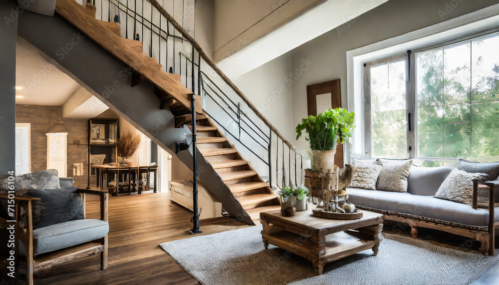 Warm Elegance: Farmhouse Living Room and Stylish Wooden Staircase Design Warm Elegance: Farmhouse Living Room and Stylish Wooden Staircase Design