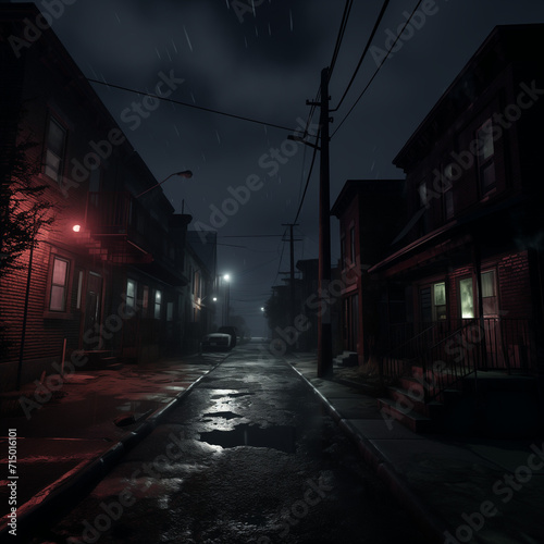 Dark neightborhood  scary ghetto in the middle of the night. Houses with lights  dark concrete. Moderate rain. Ultra realistic style  high detailed scene. Dramatic ambient.