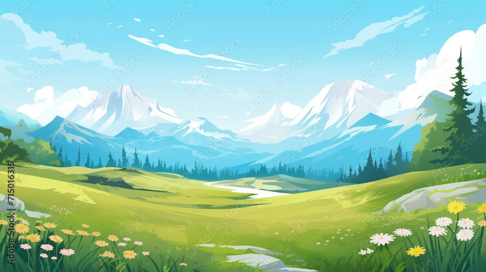Fototapeta premium copy space, Vector illustration. View of an alpine landscape during spring time. Simple vector illustration, with meadows and alpine mountains in the background. Alpine landscape mockup or template.