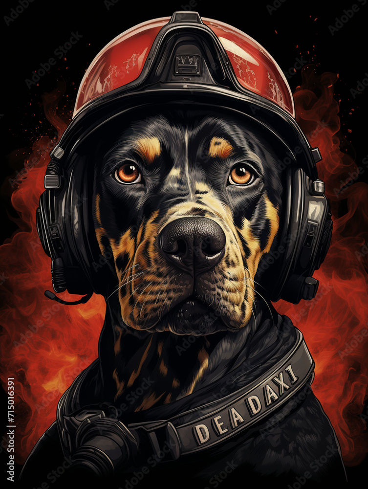 T-shirt design, a diligent black Dal dog, firefighter hat poised on its head, brought to life through digital mixed media created with Generative Ai T-shirt design, a diligent black Dal dog, firefighter hat poised on its head, brought to life through digital mixed media created with Generative Ai