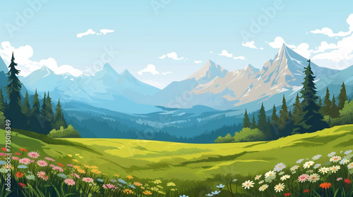 copy space, Vector illustration. View of an alpine landscape during spring time. Simple vector illustration, with meadows and alpine mountains in the background. Alpine landscape mockup or template. © Dirk