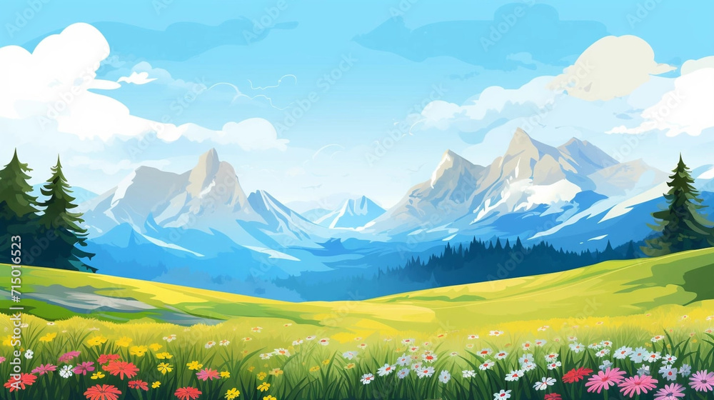 copy space, Vector illustration. View of an alpine landscape during spring time. Simple vector illustration, with meadows and alpine mountains in the background. Alpine landscape mockup or template.