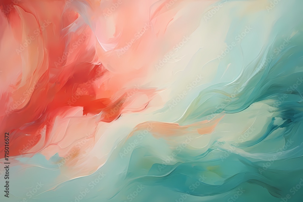 Teal and coral brushstrokes mingle freely, giving birth to a lively and enchanting abstract composition.
