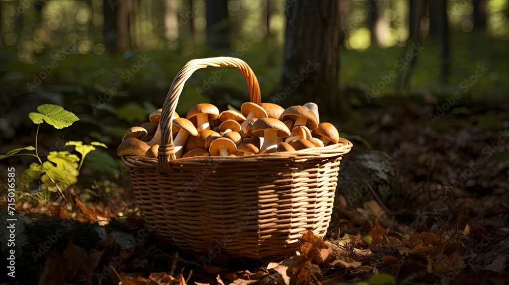 Collected porcini mushrooms in a basket in the forest 