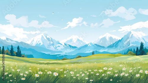copy space, Vector illustration. View of an alpine landscape during spring time. Simple vector illustration, with meadows and alpine mountains in the background. Alpine landscape mockup or template.